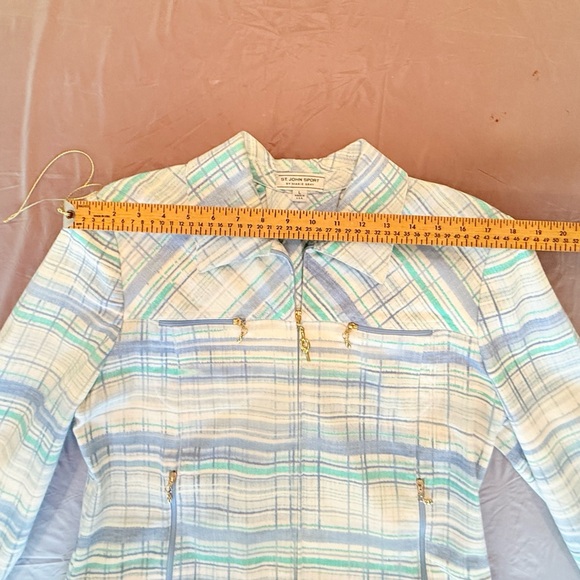 St John Cream/Teal/Blue Watercolor Plaid Gold Zip Jacket Size Large $425 - Picture 11 of 13